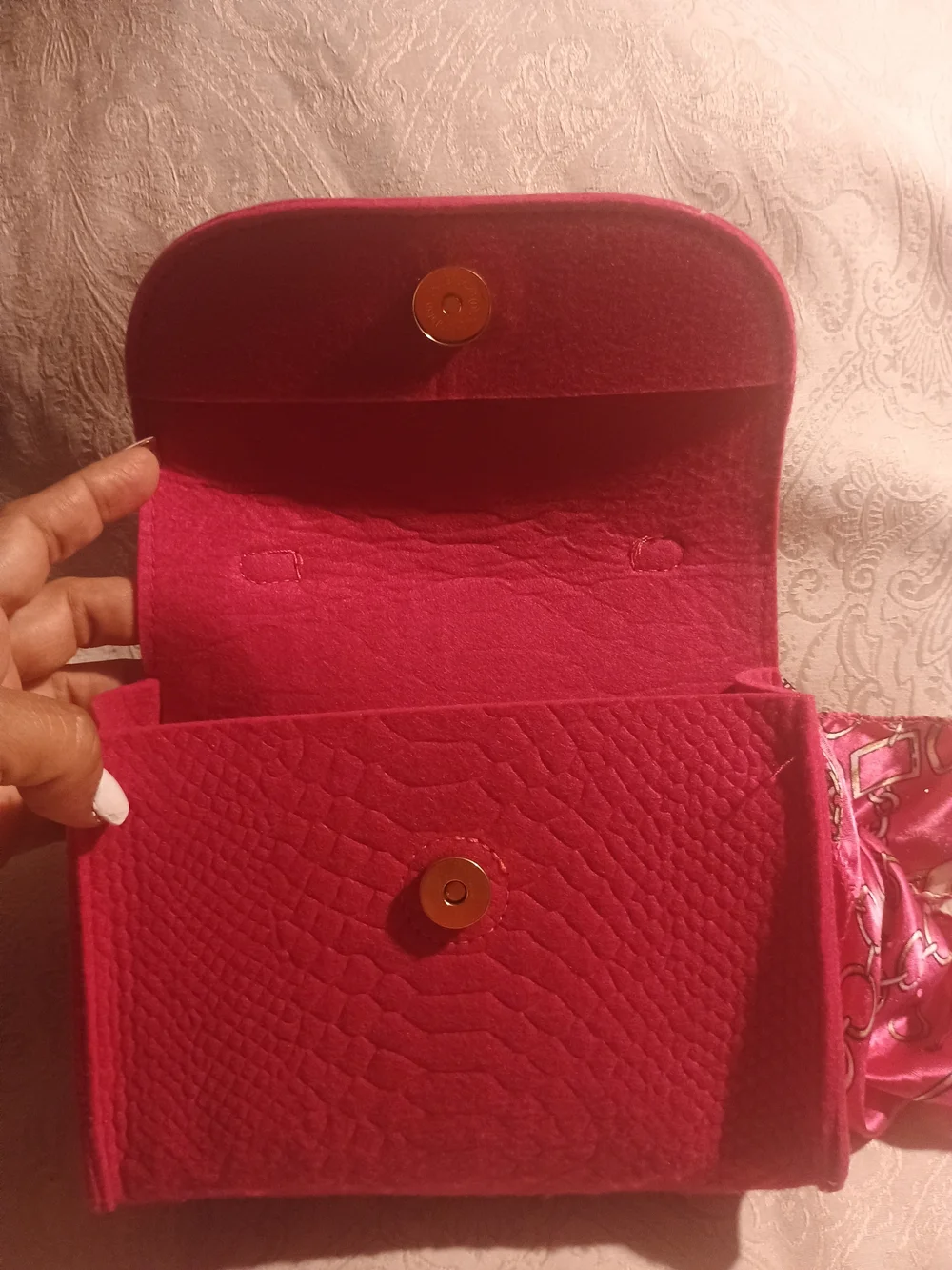 Structured Red Textured Satchel with Scarf Accent